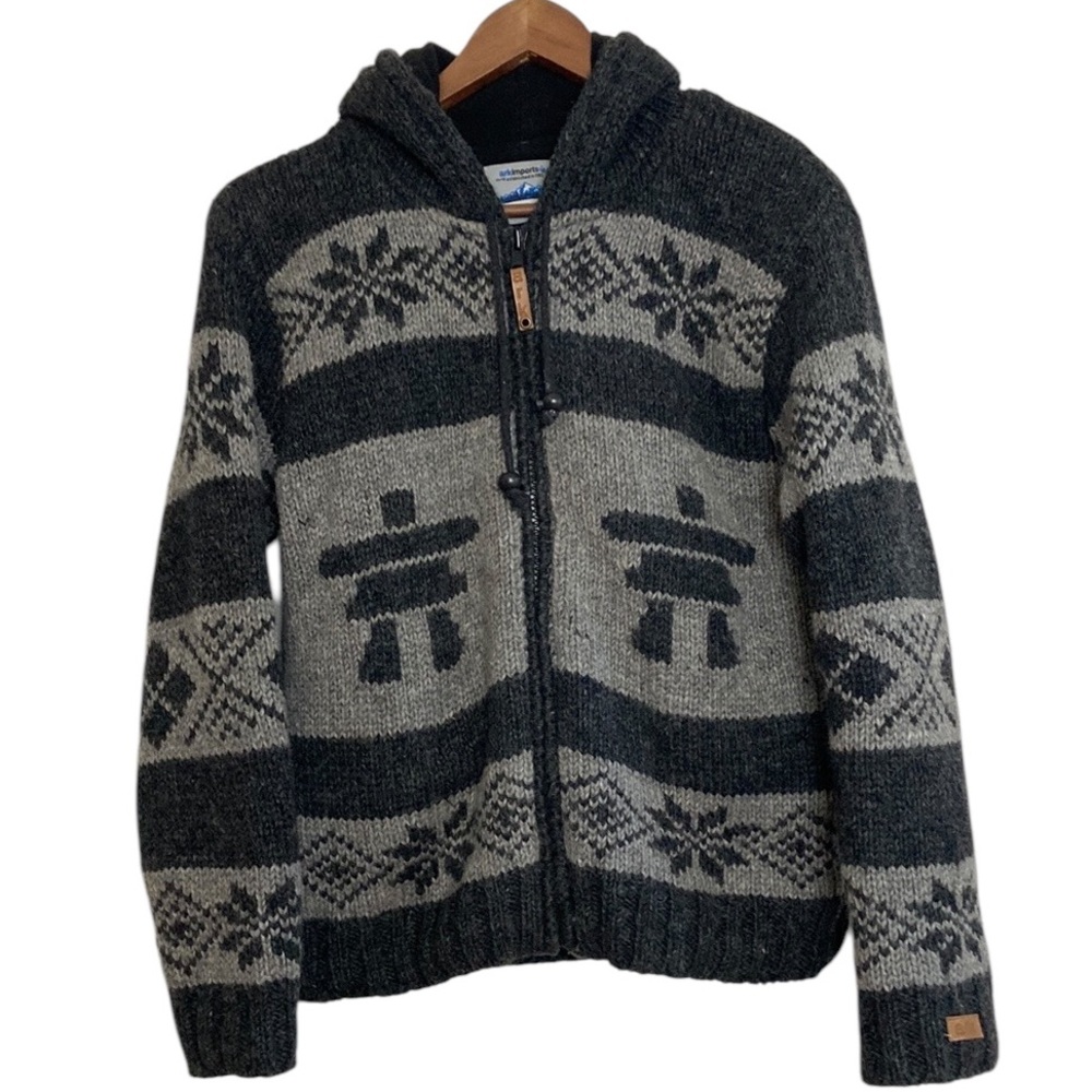 Ark Imports Jacket Womens Small Gray Wool Fleece Lined Sweater Cowichan Totem